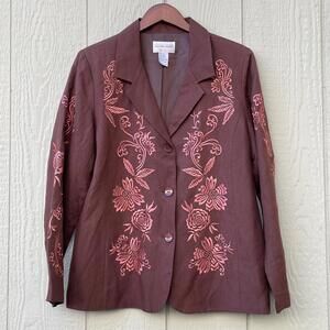 Victor Costa Occasion Blazer Jacket Womens Large Brown Embroidered‎ Linen Blend
